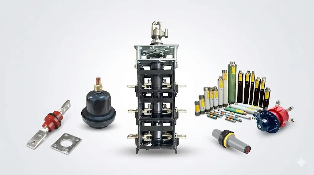 Transformer accessories including HV/LV bushings and fuse assemblies